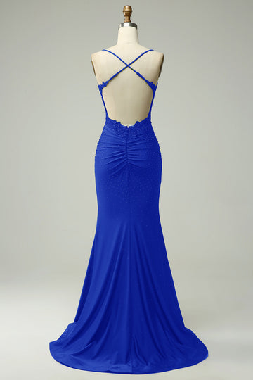 Royal Blue Mermaid Halter Beaded Ball Dress with Appliques